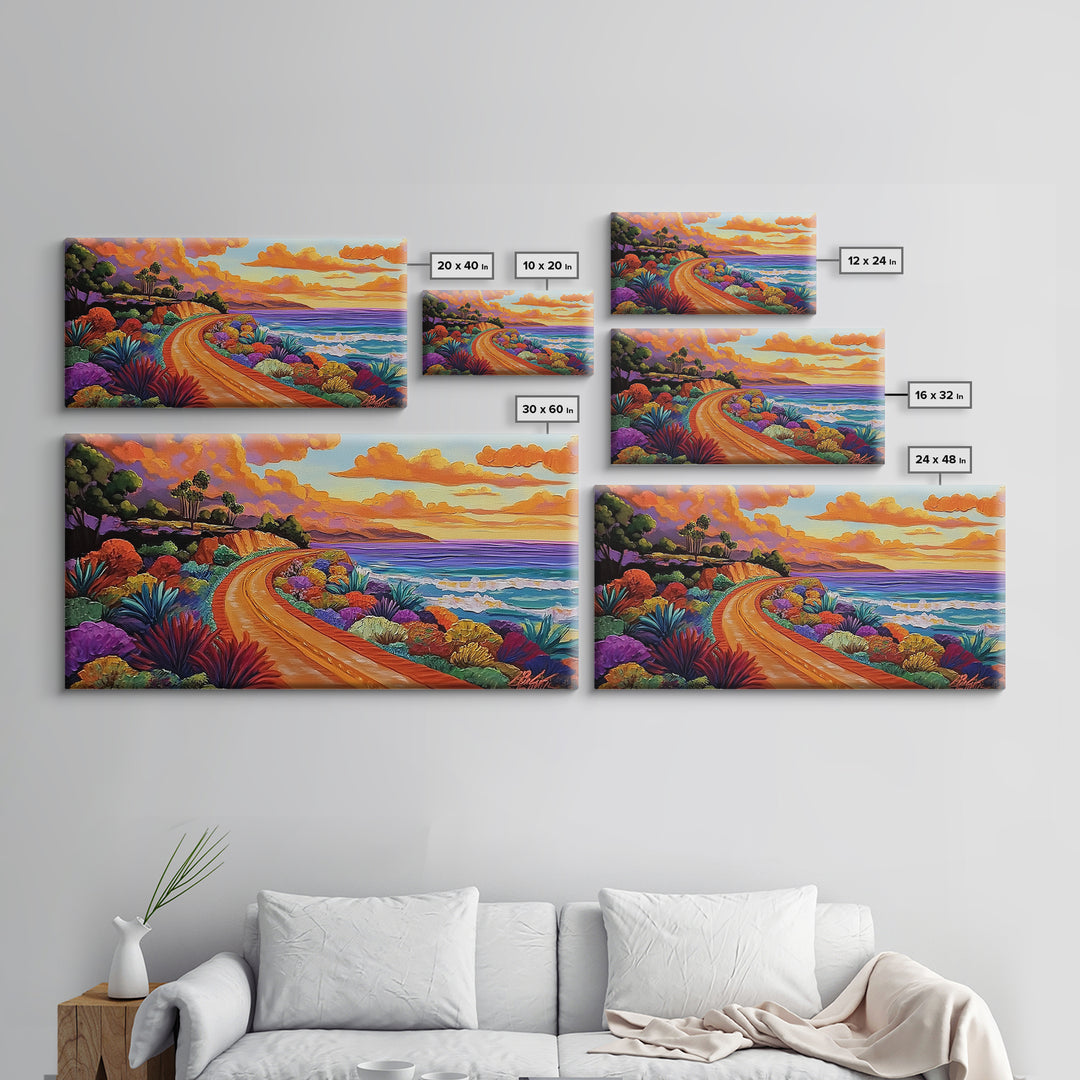 Coastal Train, Sunset, Framed Canvas Print, Vibrant coastal sunset railway painting, Colorful beachscape boho art, Hallway Wall Art