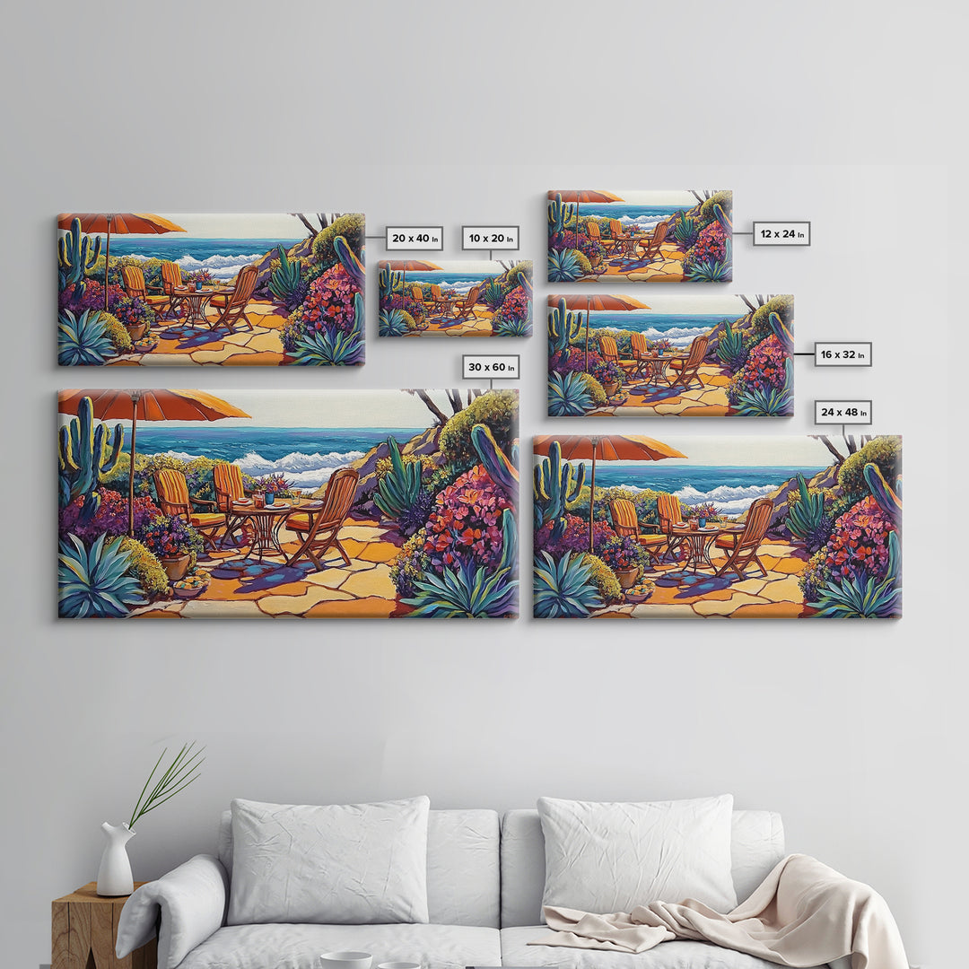 Patio, Ocean, Dining, Framed Canvas Print, Colorful seaside patio with umbrella and table scene, Summer vibes, Dining Room Wall Art