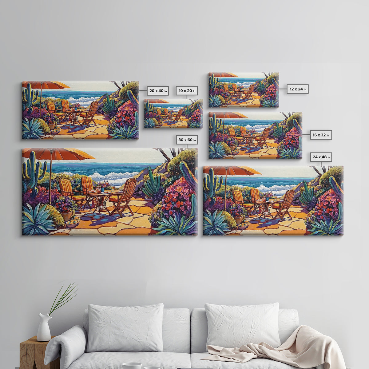 Patio, Ocean, Dining, Framed Canvas Print, Colorful seaside patio with umbrella and table scene, Summer vibes, Dining Room Wall Art