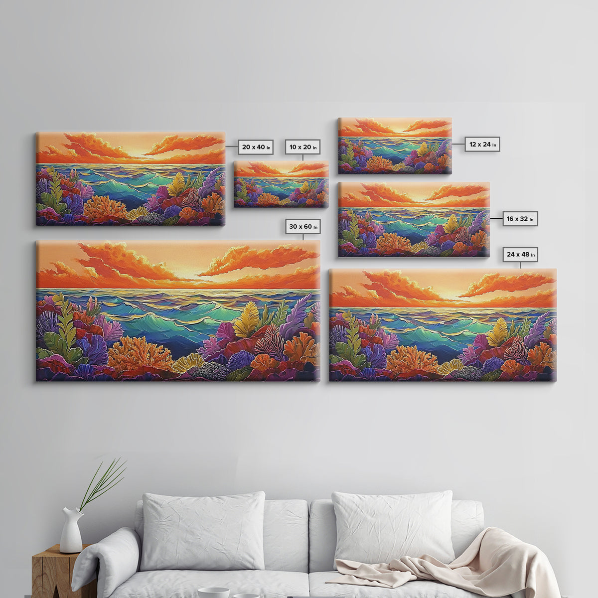 Coral Ocean, Sunset, Framed Canvas Print, Underwater coral reef at sunset painting, Ocean lover gift idea, Coastal Spa Wall Art