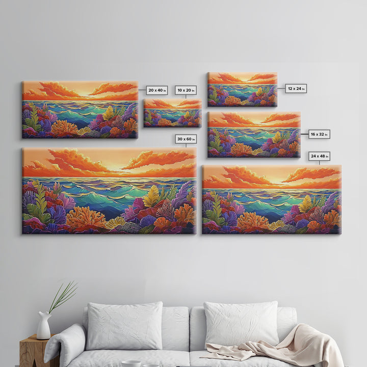 Coral Ocean, Sunset, Framed Canvas Print, Underwater coral reef at sunset painting, Ocean lover gift idea, Coastal Spa Wall Art