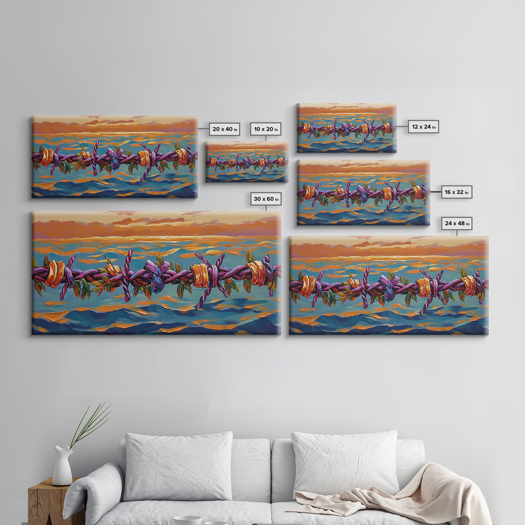 Barbed Sunset, Ocean, Framed Canvas Print, Symbolic Ocean Barbed Wire Art, Modern Sunset Expressionist Decor, Unique Office Wall Art