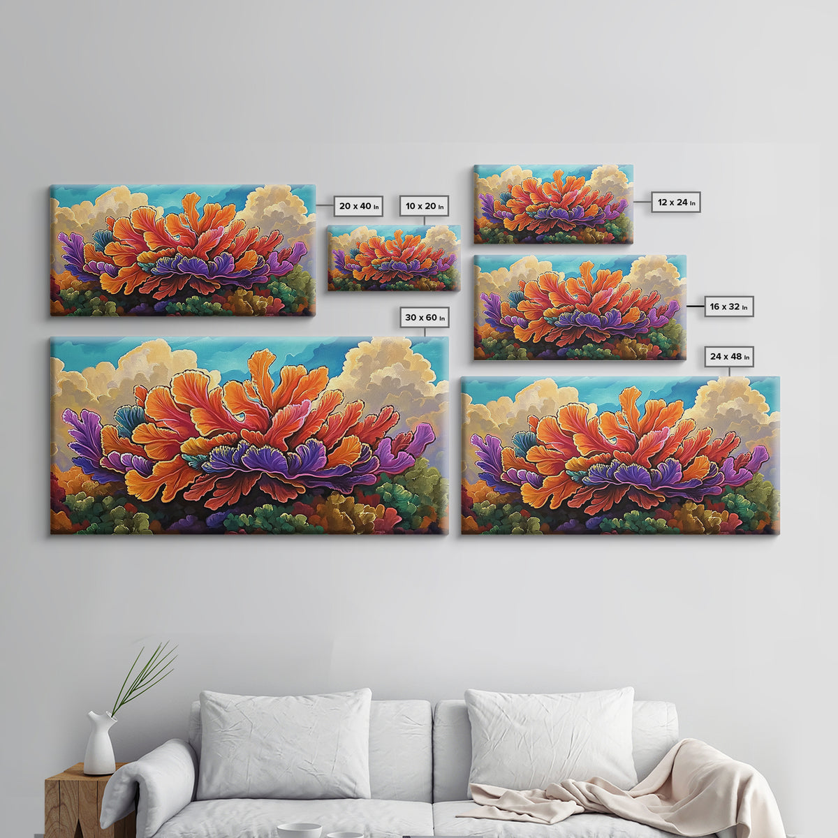 Coral Bloom, Ocean, Framed Canvas Print, Abstract blooming coral reef under dreamy sky painting, Modern Coastal Decor, Bedroom Wall Art