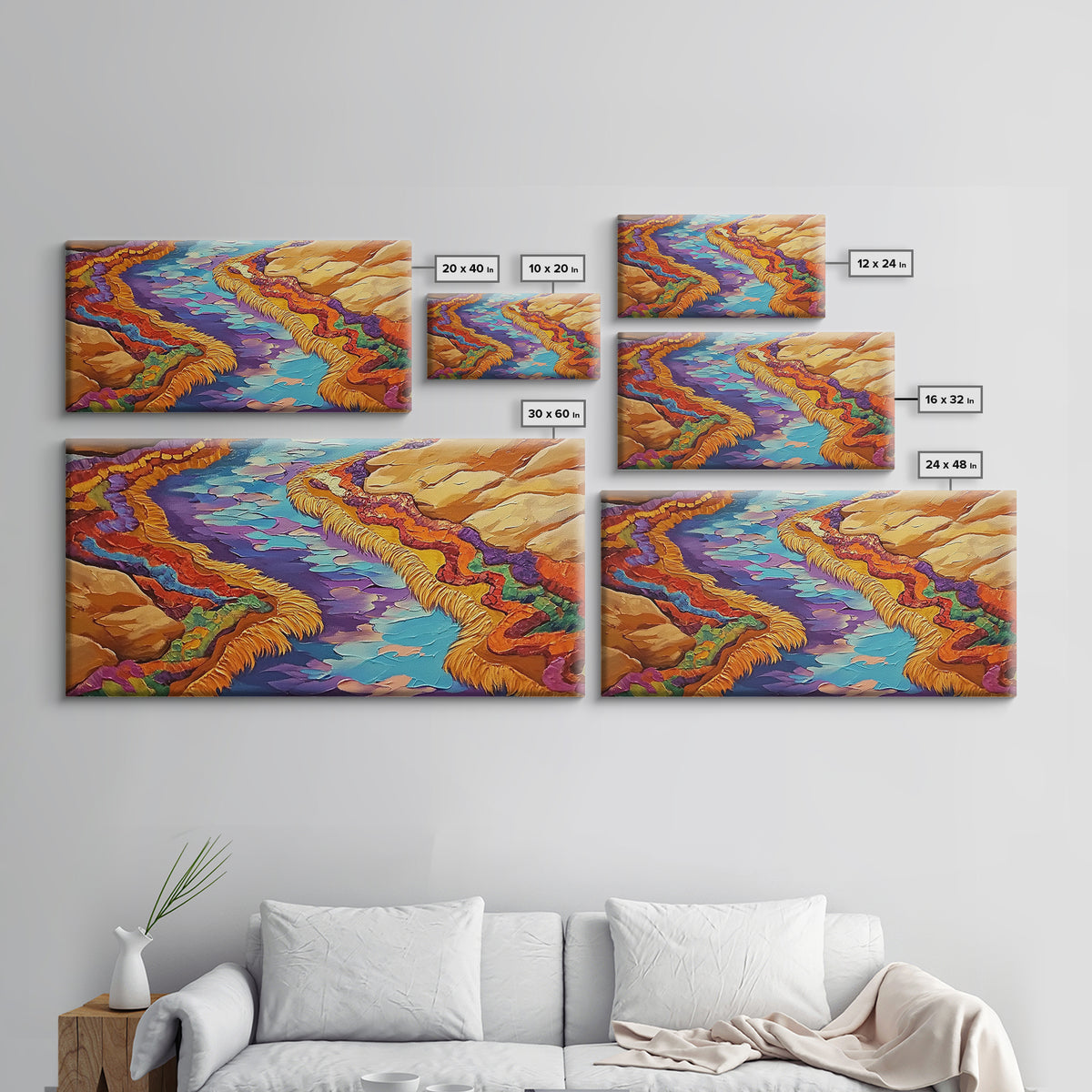 River Abstract, Color, Framed Canvas Print, Textured abstract river canyon painting, Desert Vibe Landscape Art, Hallway Wall Art