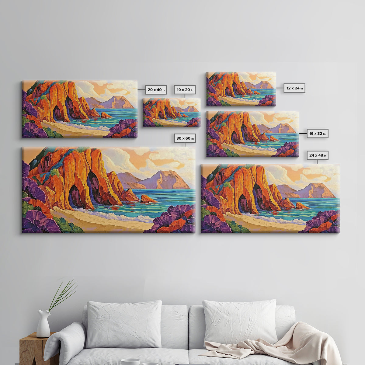 Cliffs Beach, Ocean, Framed Canvas Print, Bold textured coastal cliffs and ocean view painting, Vibrant Summer Decor, Kitchen Wall Art