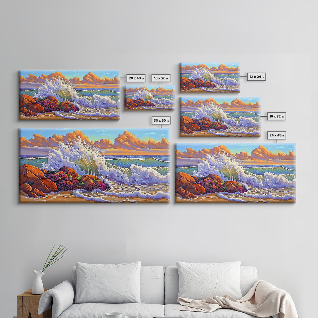 Rocks Waves, Sky, Framed Canvas Print, Majestic ocean wave crashing on rocks under golden clouds, Tropical Seascape, Coastal Living Room