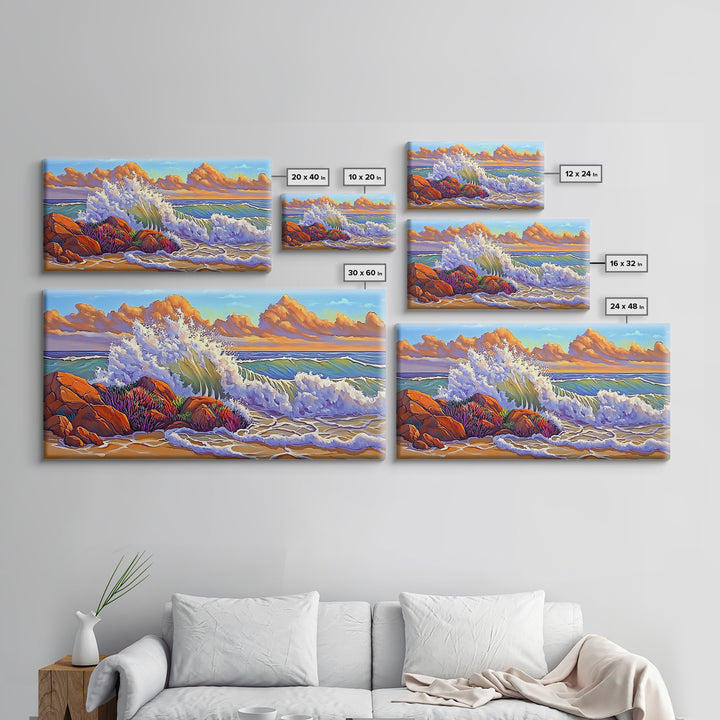 Rocks Waves, Sky, Framed Canvas Print, Majestic ocean wave crashing on rocks under golden clouds, Tropical Seascape, Coastal Living Room