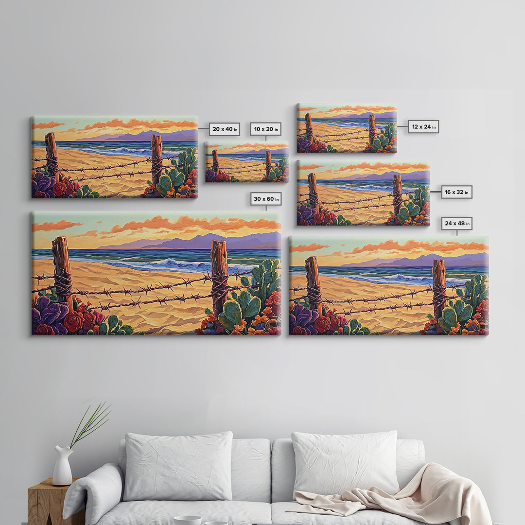 Beach Cactus, Fence, Framed Canvas Print, Vibrant Desert Beach Landscape, Colorful Boho Western Decor, Southwestern Living Room Art
