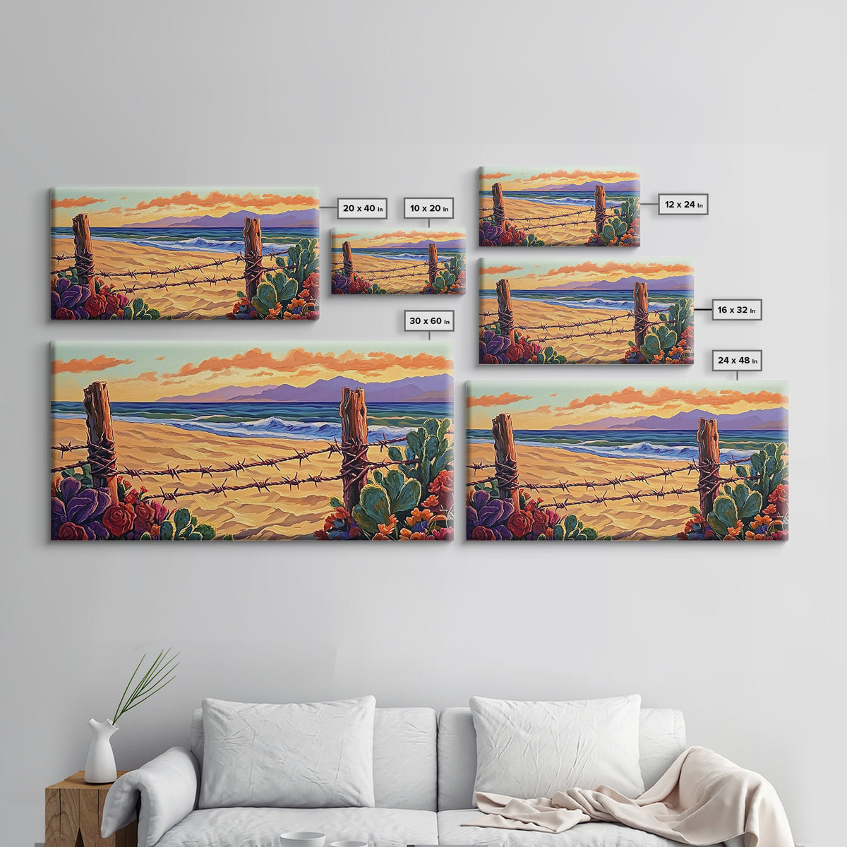 Beach Cactus, Fence, Framed Canvas Print, Vibrant Desert Beach Landscape, Colorful Boho Western Decor, Southwestern Living Room Art