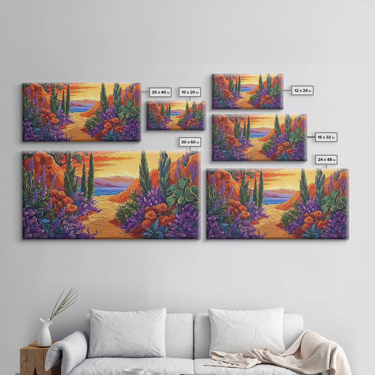 Pathway Sunset, Garden, Ocean, Canvas Print, vivid coastal floral scene, entryway decor, sunset wall art, summer vibes painting