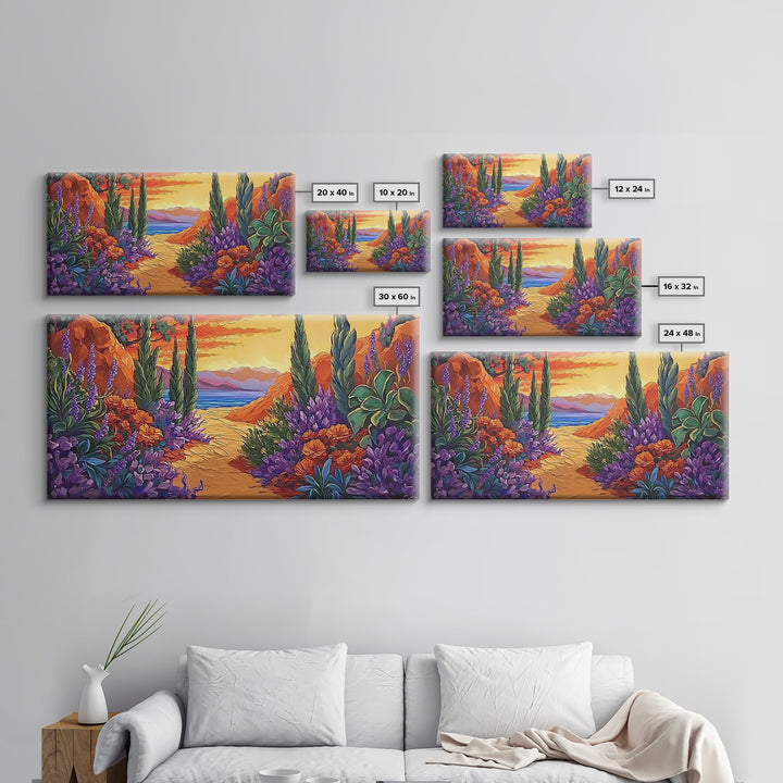 Pathway Sunset, Garden, Ocean, Canvas Print, vivid coastal floral scene, entryway decor, sunset wall art, summer vibes painting