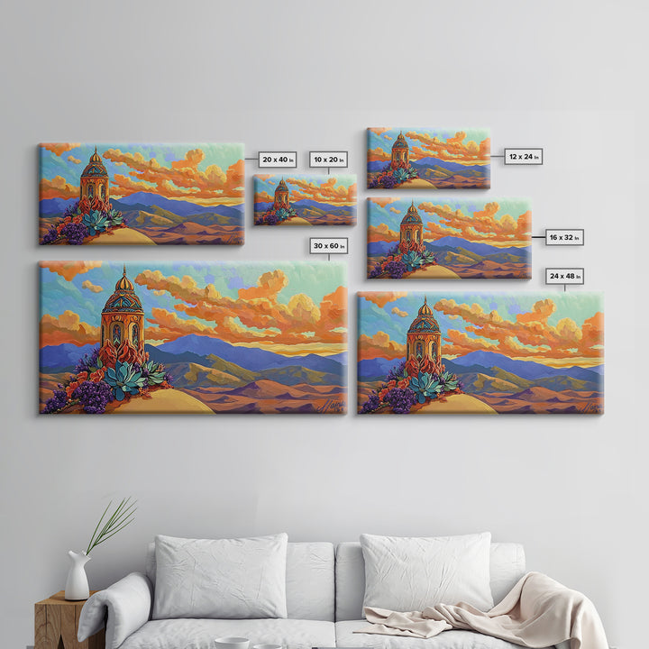 Tower Mountains, Sky, Clouds, Canvas Print, whimsical turret landscape, pastel sky art, colorful fantasy decor, study wall art