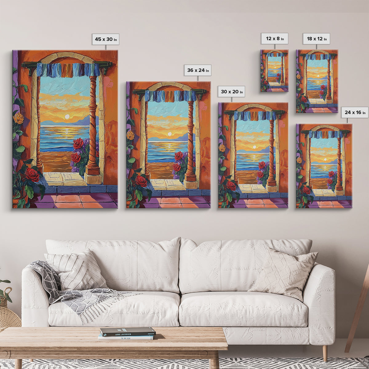 Doorway Sunset, Ocean, Romance, Canvas Print, Mediterranean seascape art, boho romantic wall decor, warm tones, Bedroom or Dining Room