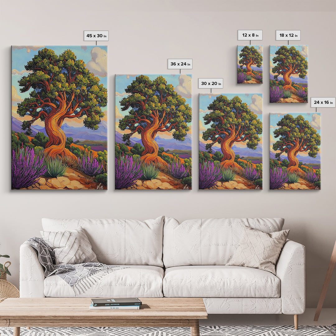 Tree Landscape, Nature, Autumn, Framed Canvas Print twisted pine tree painting, desert sunset landscape, nature wall decor, rustic boho art