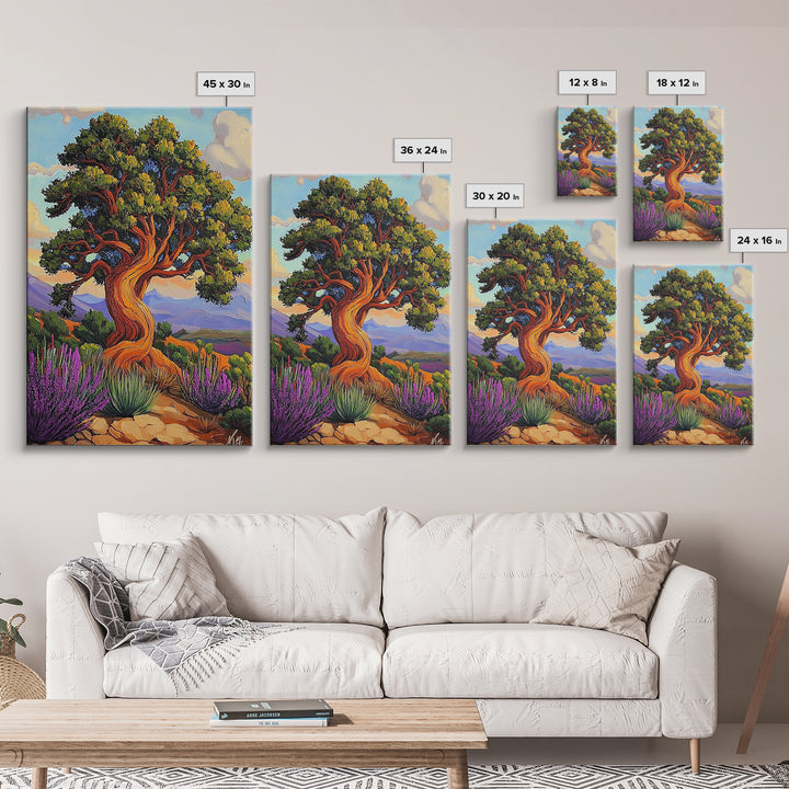 Tree Landscape, Nature, Autumn, Framed Canvas Print twisted pine tree painting, desert sunset landscape, nature wall decor, rustic boho art