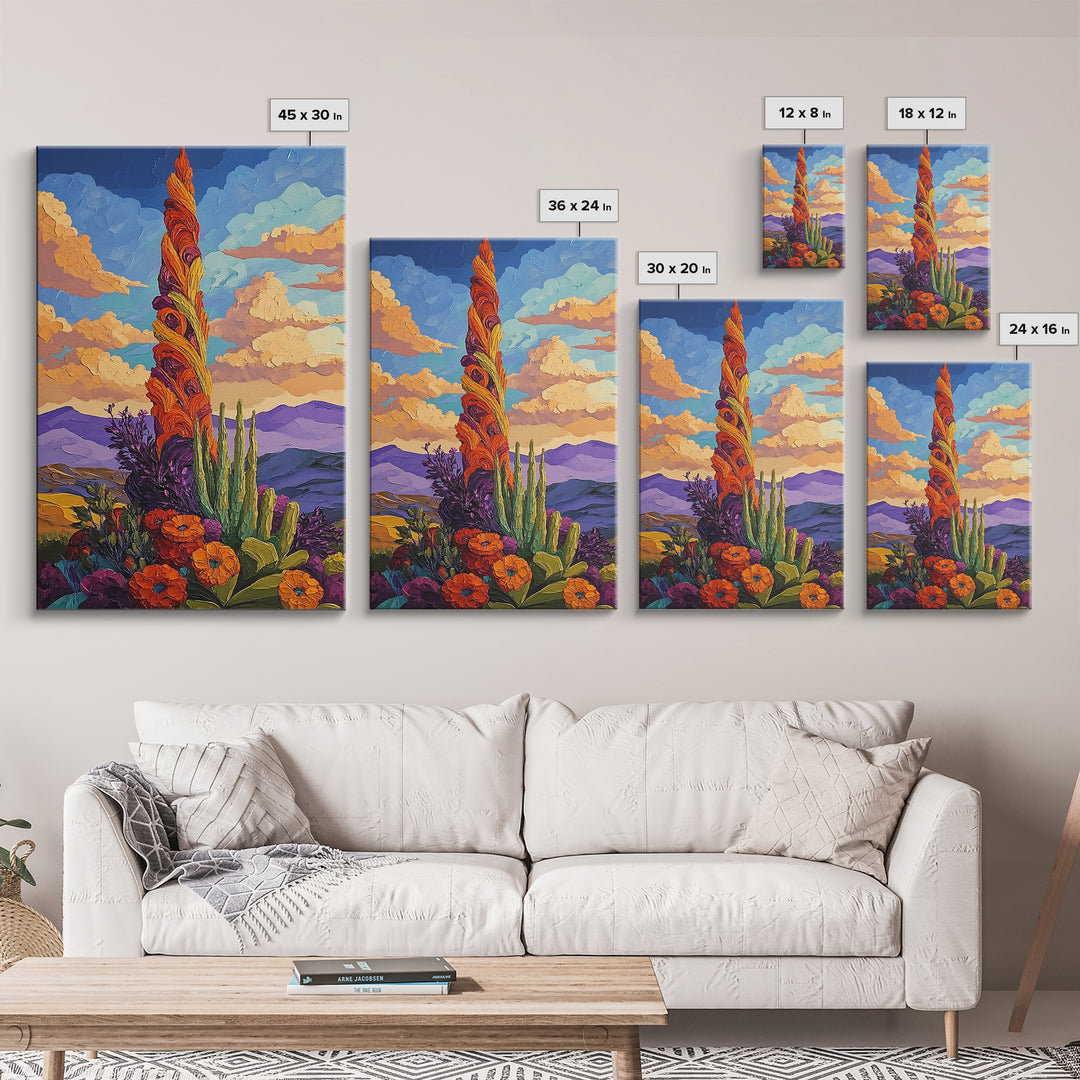 Cactus Bloom, Sunset, Desert, Canvas Print southwest desert flower art, blooming cactus painting, bright desert landscape, office decor