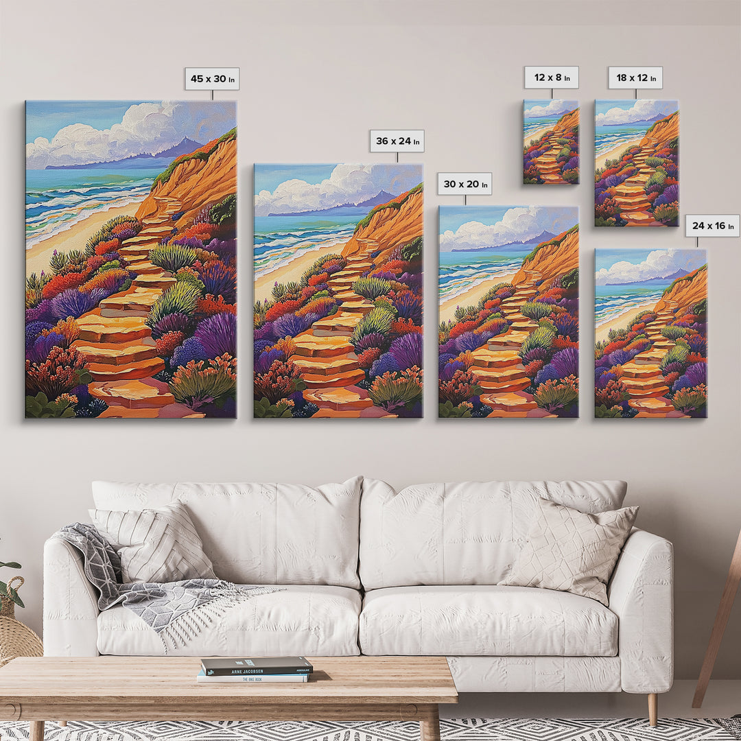 Ocean Trail, Bloom, Cliffside, Framed Canvas Print, Vibrant beach path painting, floral coastal art, boho landscape wall décor