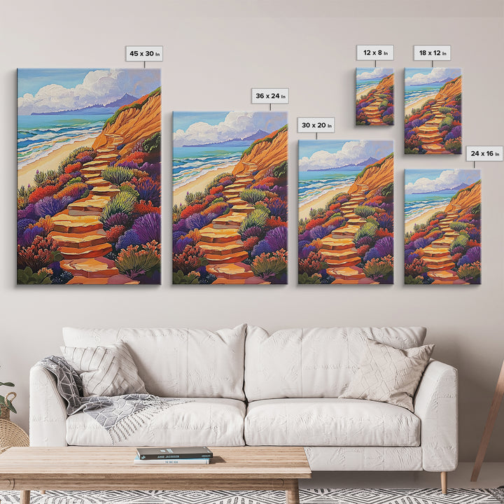 Ocean Trail, Bloom, Cliffside, Framed Canvas Print, Vibrant beach path painting, floral coastal art, boho landscape wall décor