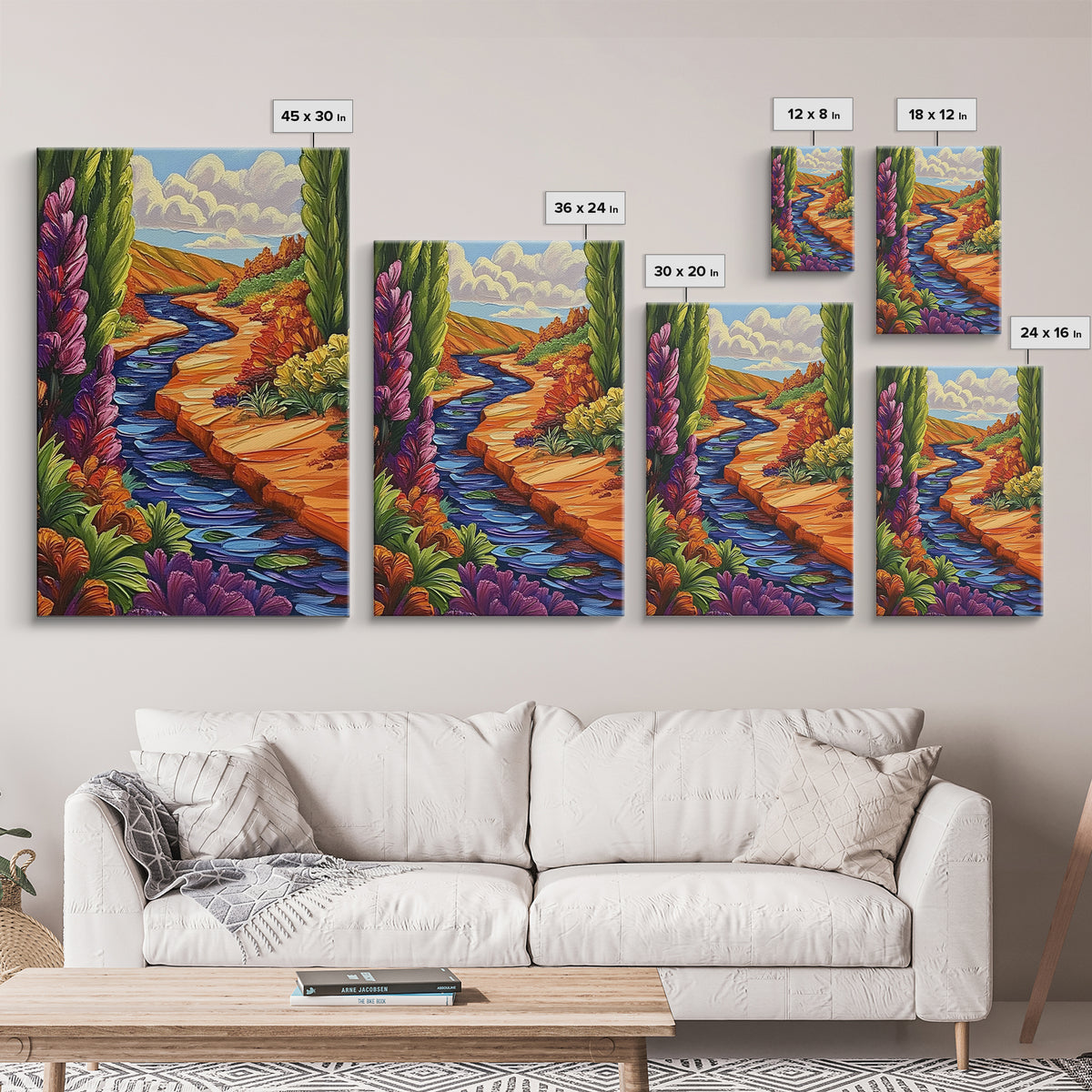 River Canyon, Fall, Flowers, Framed Canvas Print, Autumn Nature Artwork, Cozy Cabin Decor, Warm Earth Tones, Living Room Wall Art