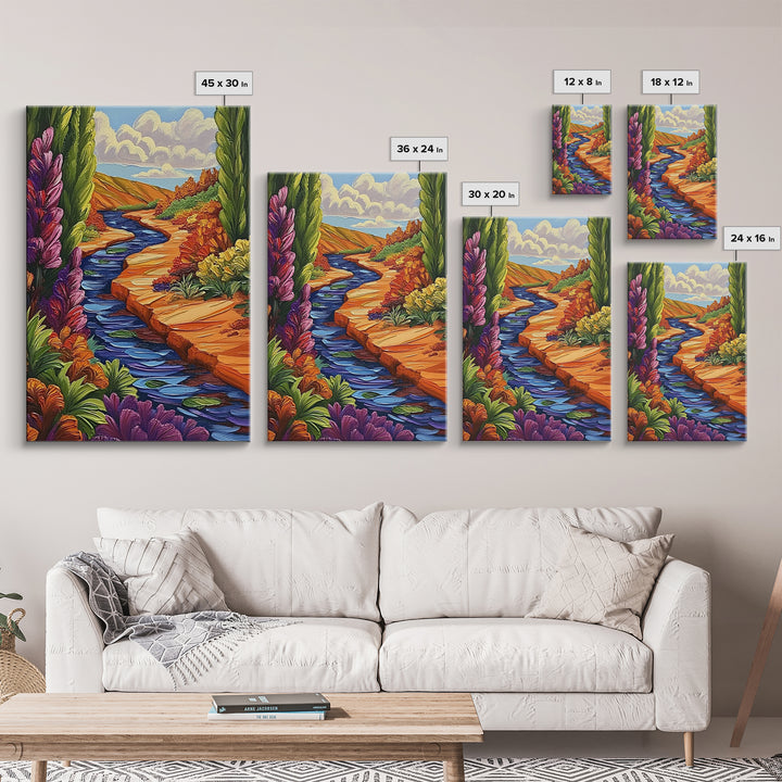 River Canyon, Fall, Flowers, Framed Canvas Print, Autumn Nature Artwork, Cozy Cabin Decor, Warm Earth Tones, Living Room Wall Art