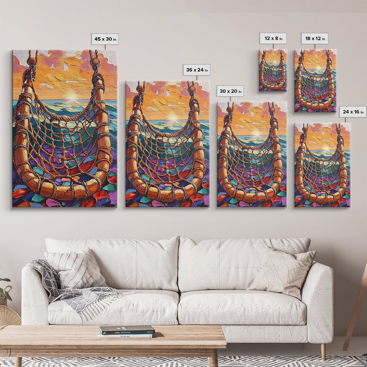 Ocean Hammock, Sunset, Boho, Framed Canvas Print dreamy hammock wall art, ocean sunset boho painting, coastal beach decor, patio art