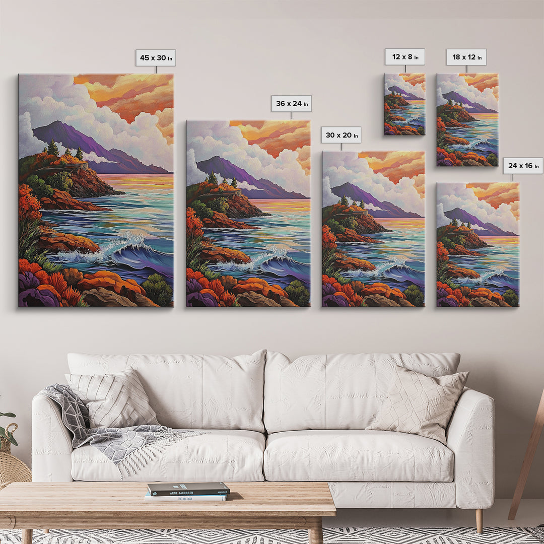 Cliffs Waves, Mountains, Autumn, Framed Canvas Print, coastal cliffs wall art, crashing waves painting, Autumn landscape, living room decor