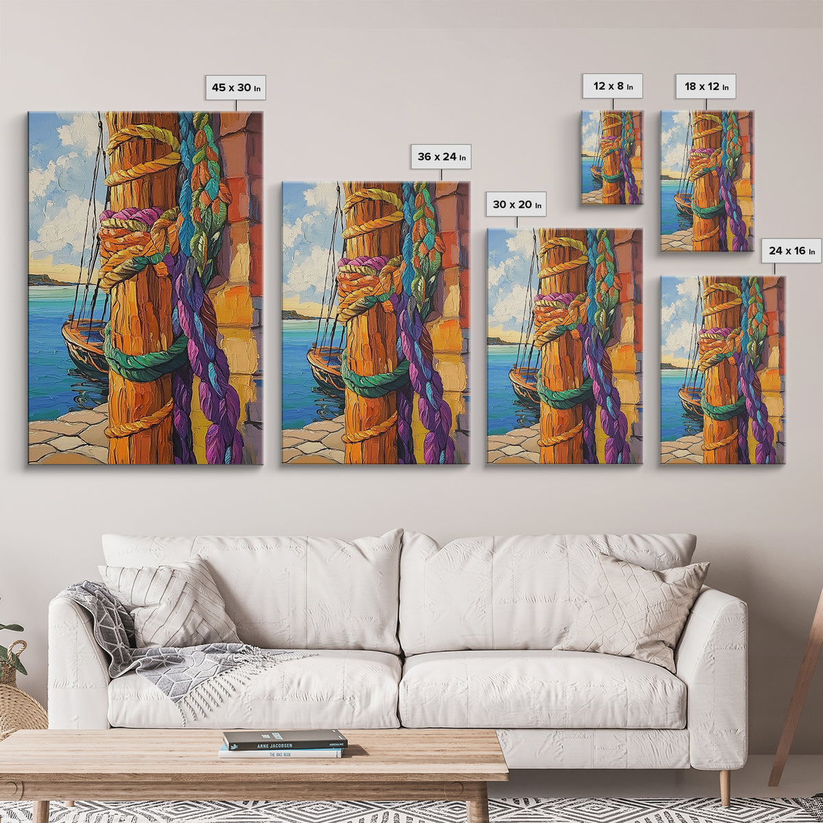 Boat Dock, Ropes, Framed Canvas Print, Nautical Coastal Wall Art, Vibrant Marina Scene, Boho Seaside Decor, Bathroom art, Office Wall Art