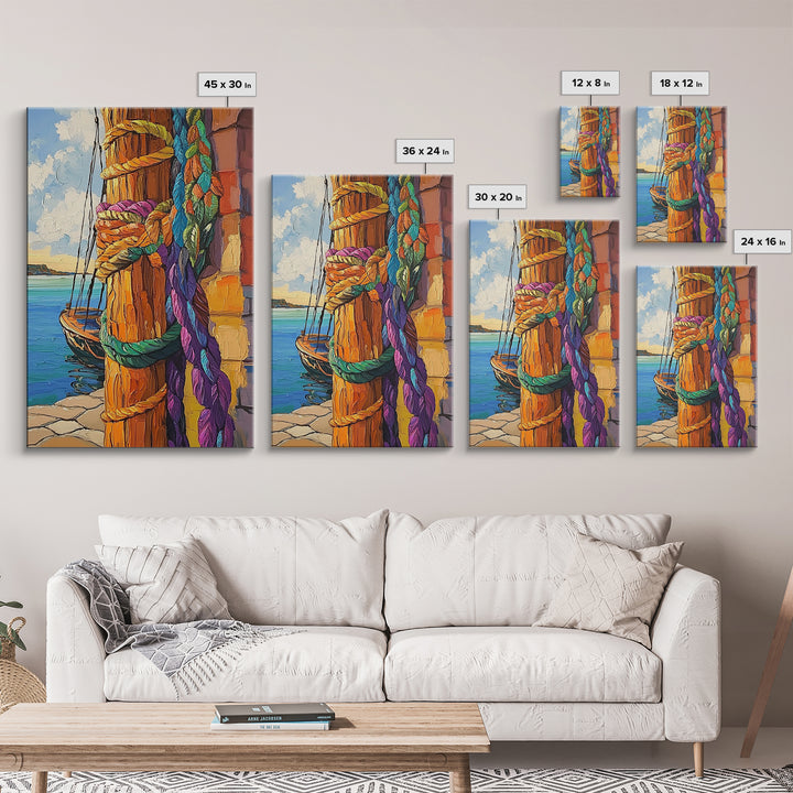 Boat Dock, Ropes, Framed Canvas Print, Nautical Coastal Wall Art, Vibrant Marina Scene, Boho Seaside Decor, Bathroom art, Office Wall Art