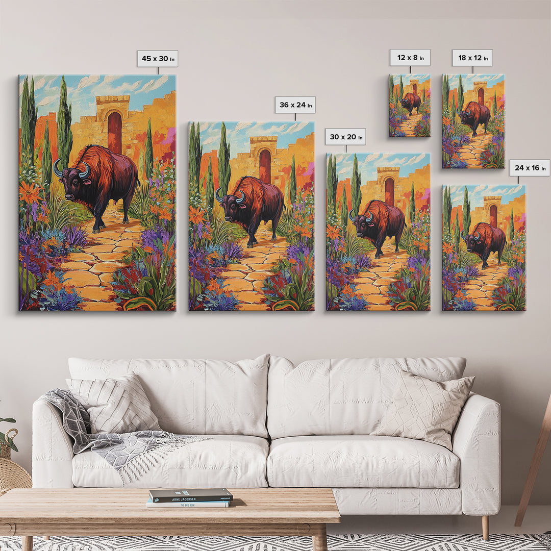 Bison Path, Desert, Framed Canvas Print, Southwest Bull Wall Art, Rustic Western Decor, Vibrant Nature Boho Style, Entryway Wall Art
