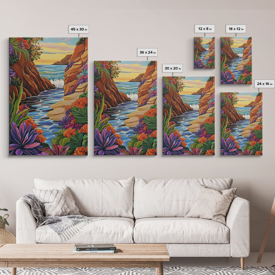 Cliff Ocean, Sunset, Framed Canvas Print, Bold Coastal Canyon Wall Art, Vibrant Nature Decor, Boho Landscape Style, Bedroom Wall Art