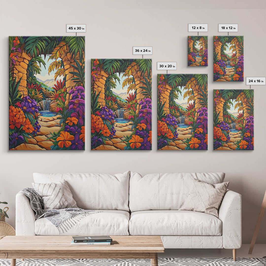 Archway Jungle, Waterfall, Framed Canvas Print, Exotic Tropical Wall Art, Bold Jungle Landscape Decor, Entryway art, Bathroom Wall Art