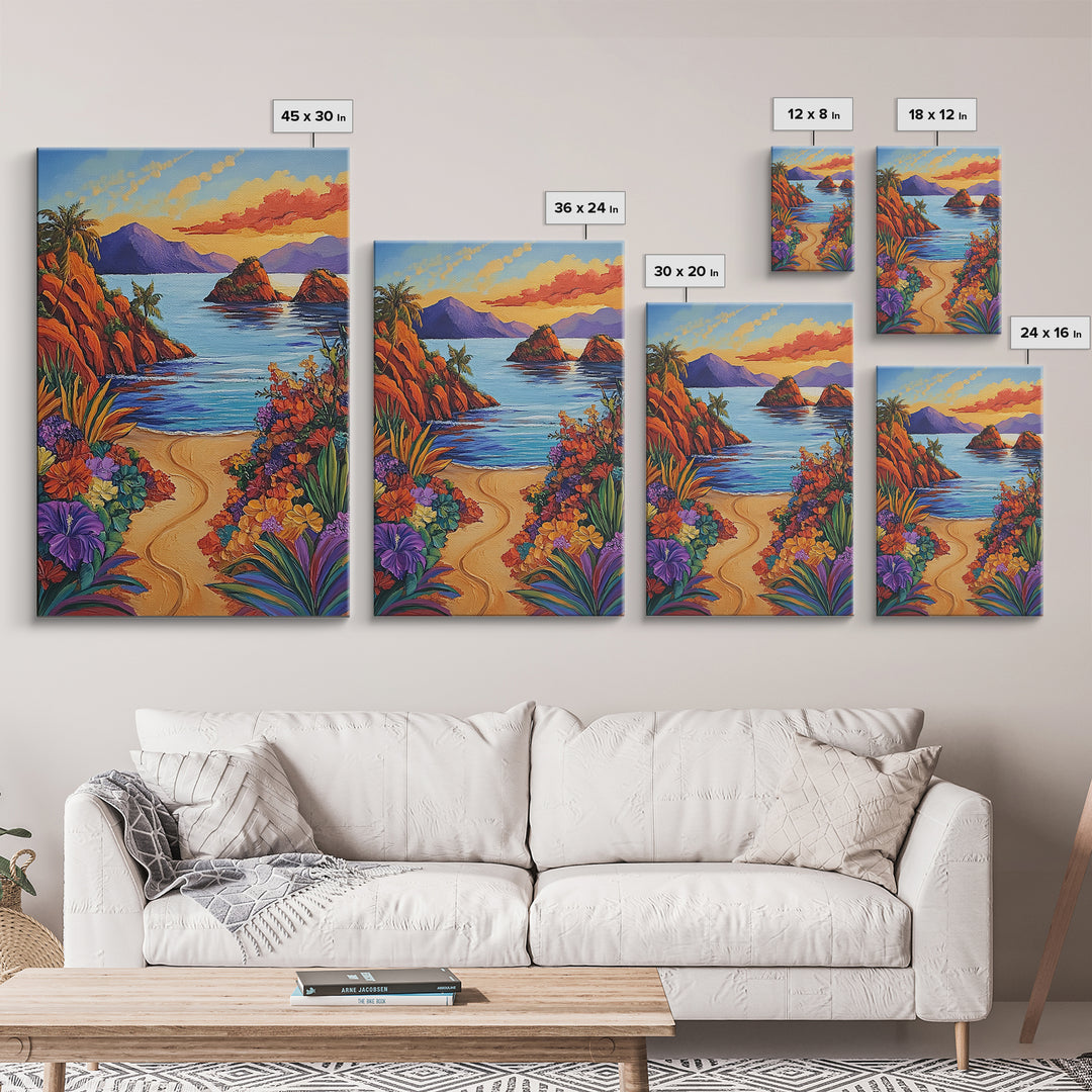 Beach, Sunset, Tropical, Floral Framed Canvas Print, Coastal Living Room Wall Art, Island Paradise Decor, Vibrant Summer Artwork