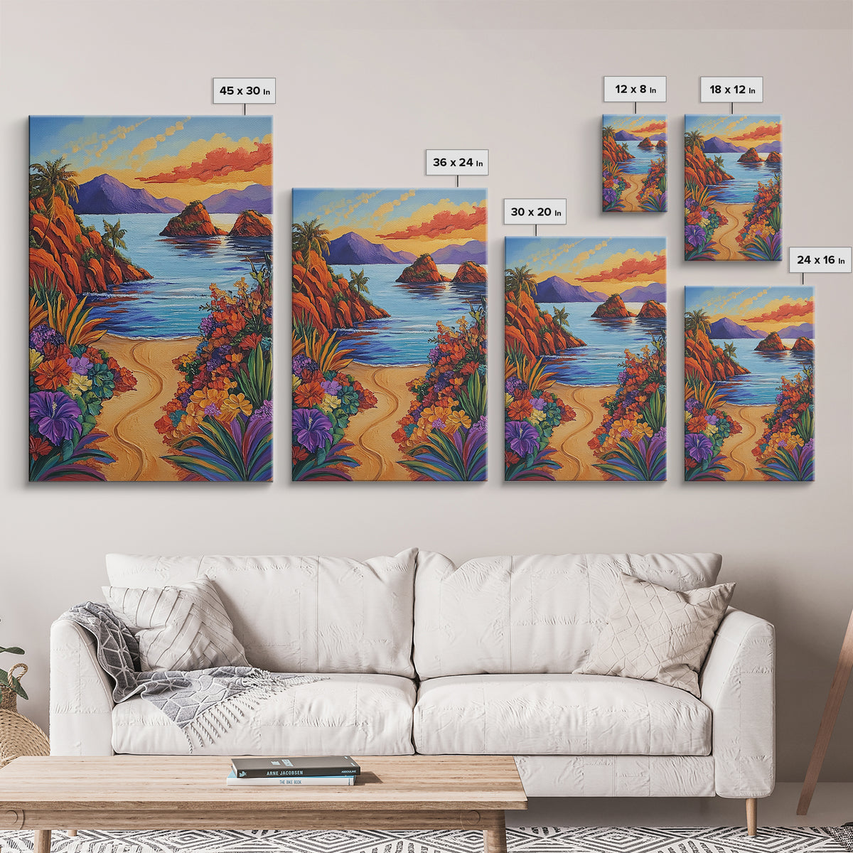 Beach, Sunset, Tropical, Floral Framed Canvas Print, Coastal Living Room Wall Art, Island Paradise Decor, Vibrant Summer Artwork