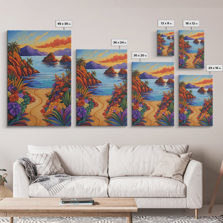 Beach, Sunset, Tropical, Floral Framed Canvas Print, Coastal Living Room Wall Art, Island Paradise Decor, Vibrant Summer Artwork