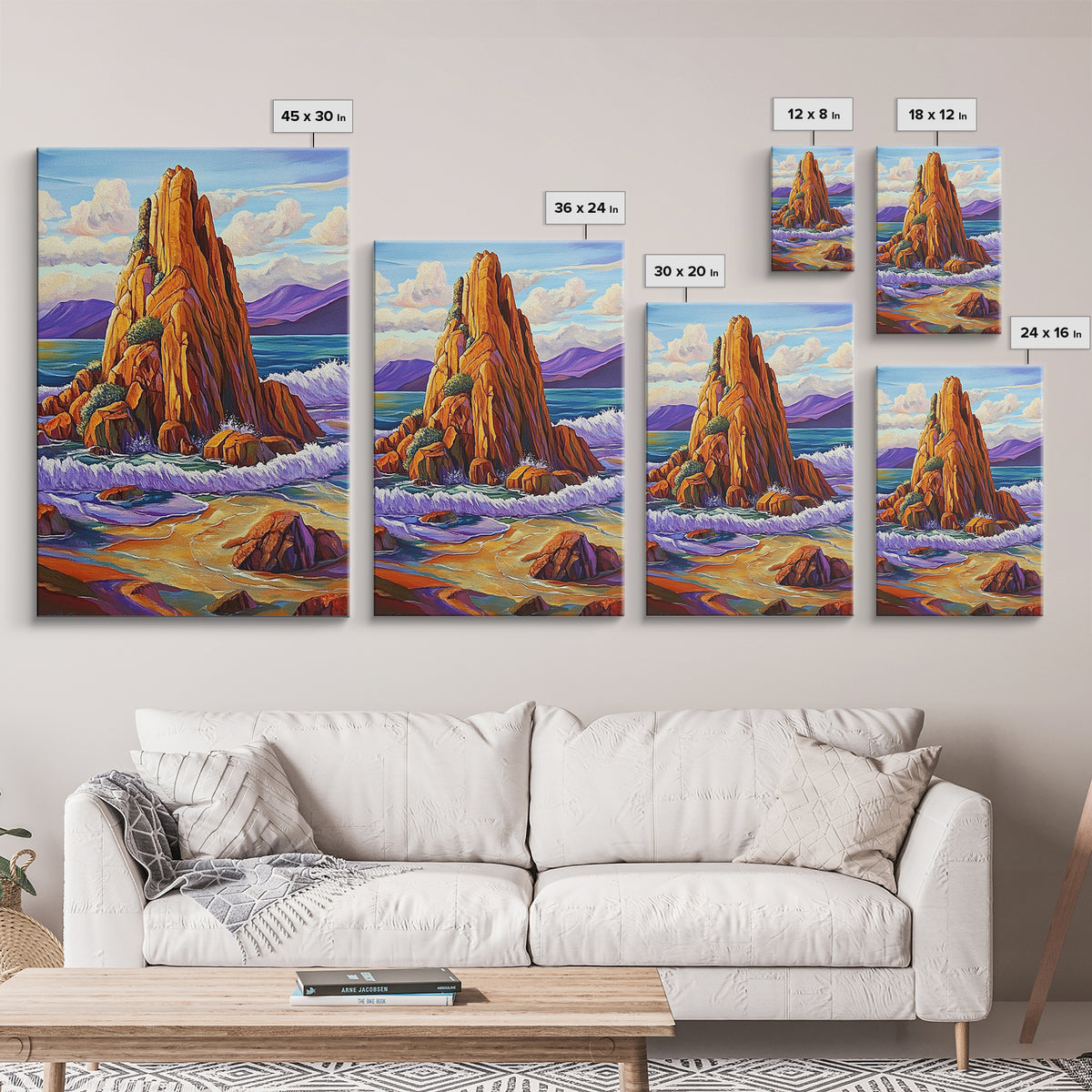 Ocean Cliff, Coastal, Bold Framed Canvas Print, Nature Inspired Bathroom Wall Art, Seaside Landscape Decor, Vibrant Rocky Shoreline