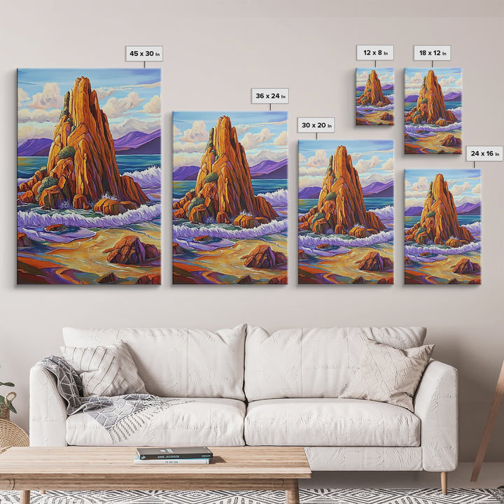 Ocean Cliff, Coastal, Bold Framed Canvas Print, Nature Inspired Bathroom Wall Art, Seaside Landscape Decor, Vibrant Rocky Shoreline