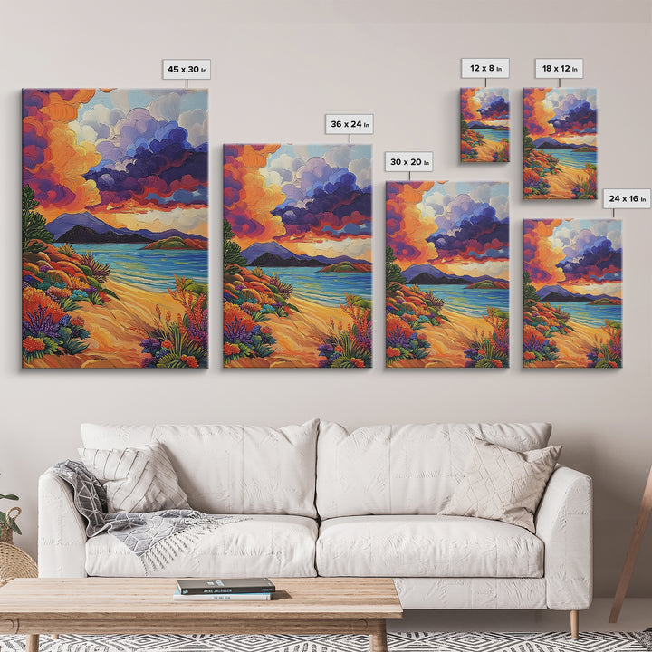 Clouds Sunset, Beach, Scenic Canvas Print, Colorful Coastal Wall Art, Vibrant Nature Landscape, Fall Living Room Art Piece