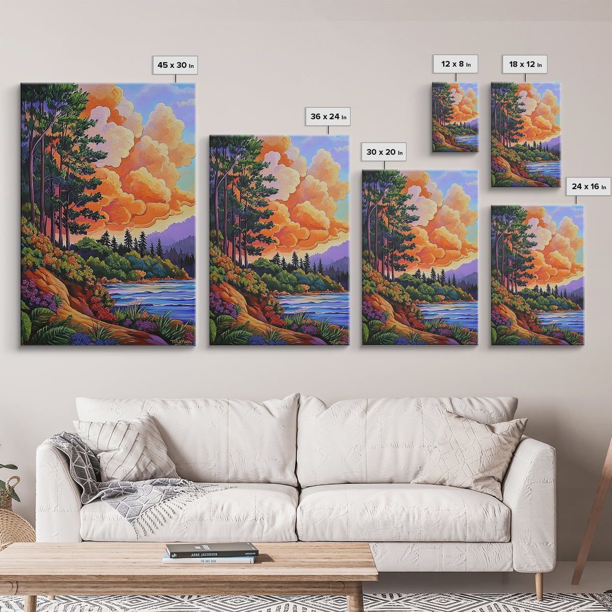 Pine Forest, Sunset, River, Framed Canvas Print, vibrant mountain art, autumn wall decor, cozy cabin wall art, rustic lodge artwork