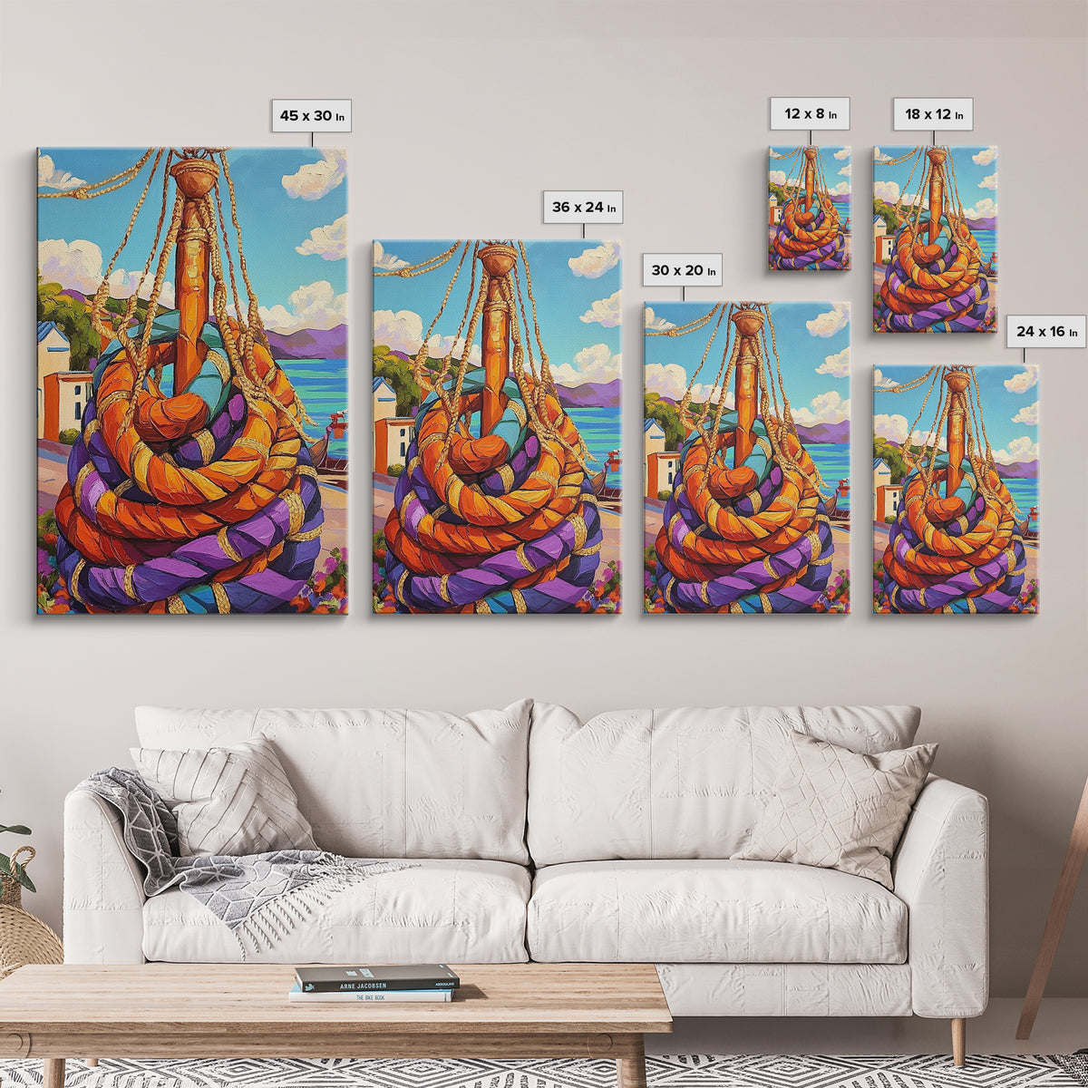 Nautical Rope, Dock, Summer, Framed Canvas Print, Nautical Rope Wall Art, Summer Decor, Bright Harbor Painting, Beach House Wall Accent