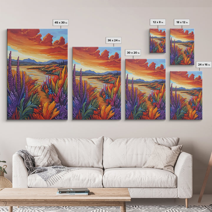 Autumn Lake, Trail, Fall Landscape Painting, Warm Sunset Wall Decor, Living Room Boho Vibes, Framed Canvas Print