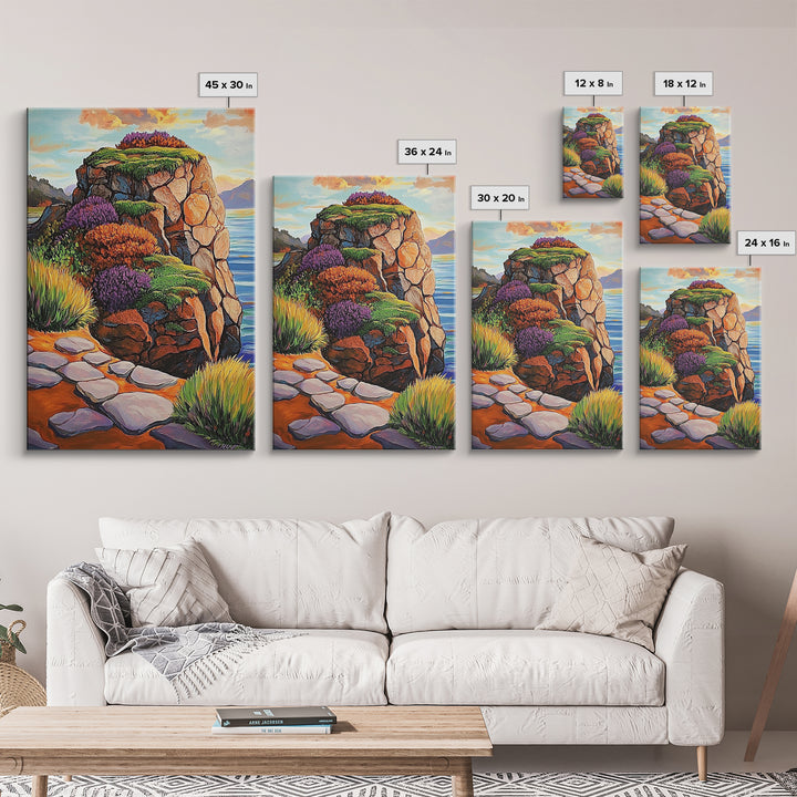 Rocky Cliff, Ocean, Wildflowers Canvas Print, Vibrant Coastal Wall Art, Hallway Nature Scene, Colorful Landscape Painting
