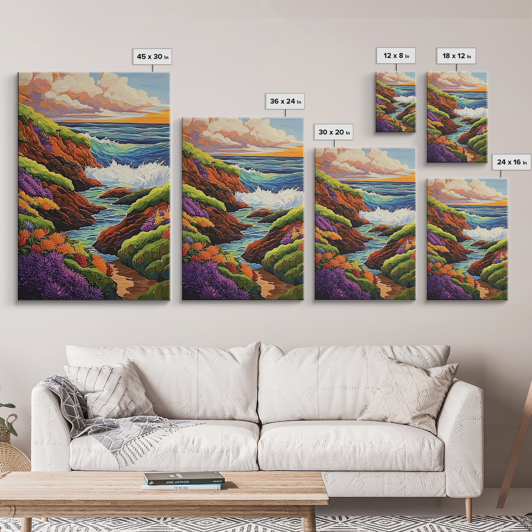 Ocean Cliffs, Wildflowers, Vibrant Coast Framed Canvas Print, Spring Beach Wall Art, Boho Living Room Decor, Bold Coastal Art