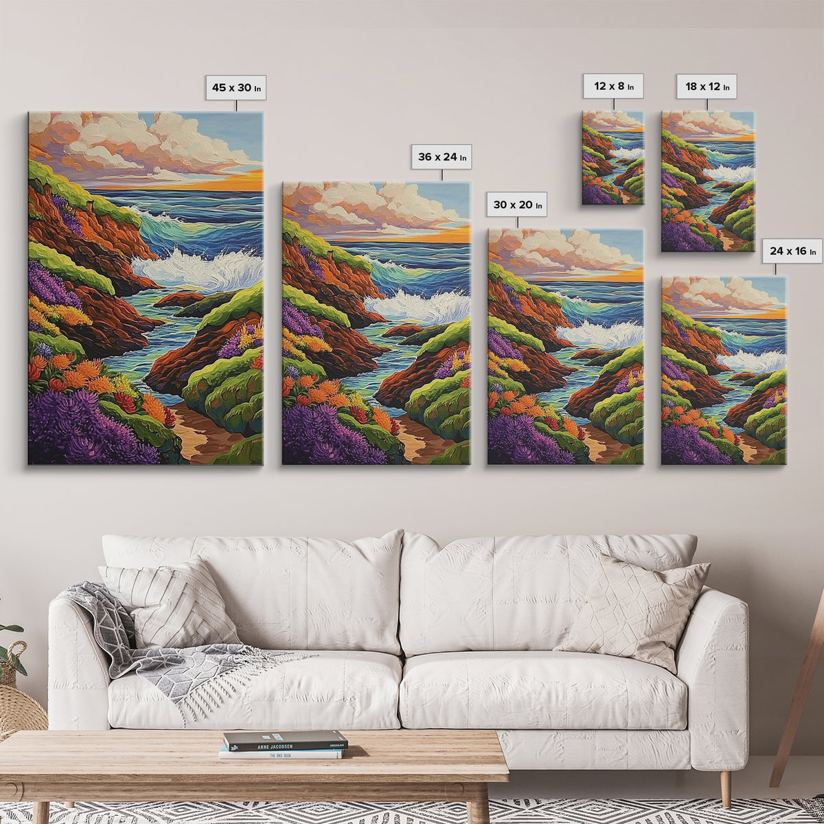 Ocean Cliffs, Wildflowers, Vibrant Coast Framed Canvas Print, Spring Beach Wall Art, Boho Living Room Decor, Bold Coastal Art