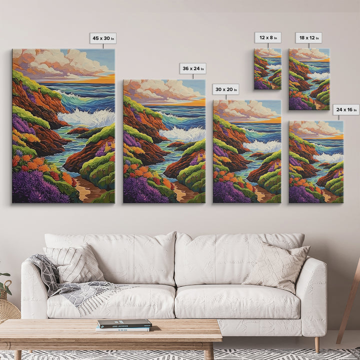 Ocean Cliffs, Wildflowers, Vibrant Coast Framed Canvas Print, Spring Beach Wall Art, Boho Living Room Decor, Bold Coastal Art