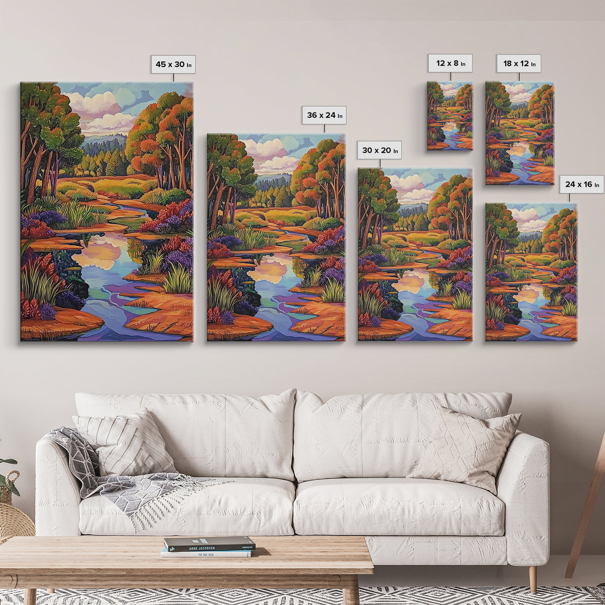 Autumn Trees, Reflection, Canvas Print, Fall forest scene, living room art, nature inspired decor, woodland painting, cozy autumn vibes