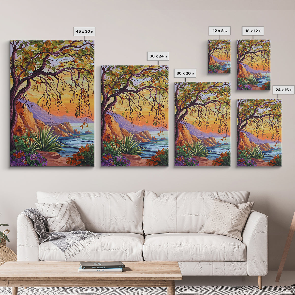 Coastal Tree View, Ocean Cliff Art, Sunset Seascape Painting, Nature Wall Decor, Framed Canvas Print, Hallway Wall Art, beach house art