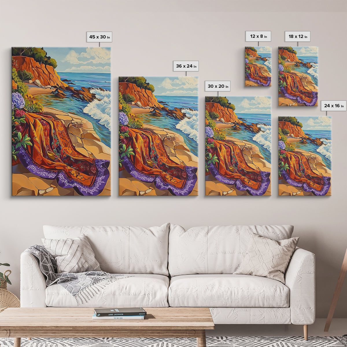 Ocean Blanket, Coast, Framed Canvas Print, Coastal boho art, beach blanket painting, vibrant seashore scene, bedroom wall art, summer vibes