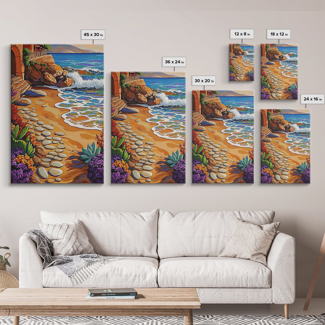 Coastal Path, Beach Steps, Ocean View, Canvas Print, tropical art, relaxing decor, vibrant seascape, Bathroom Wall Art