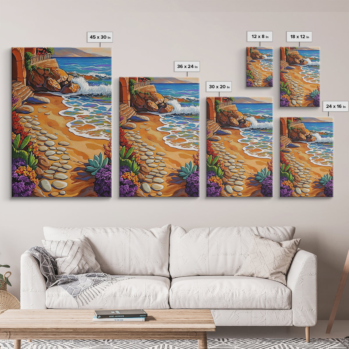 Coastal Path, Beach Steps, Ocean View, Canvas Print, tropical art, relaxing decor, vibrant seascape, Bathroom Wall Art