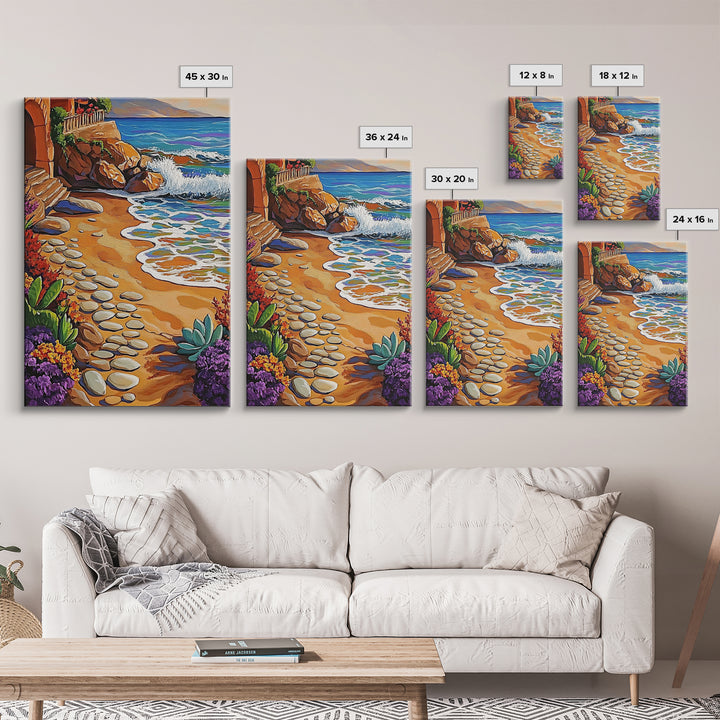 Coastal Path, Beach Steps, Ocean View, Canvas Print, tropical art, relaxing decor, vibrant seascape, Bathroom Wall Art